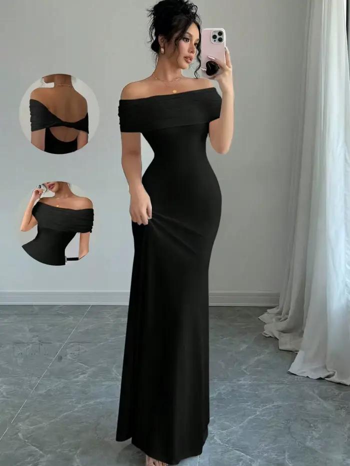 Robe de soirée à épaules dénudées, robe mi-longue moulante sexy sans manches pour femmes, robe de co