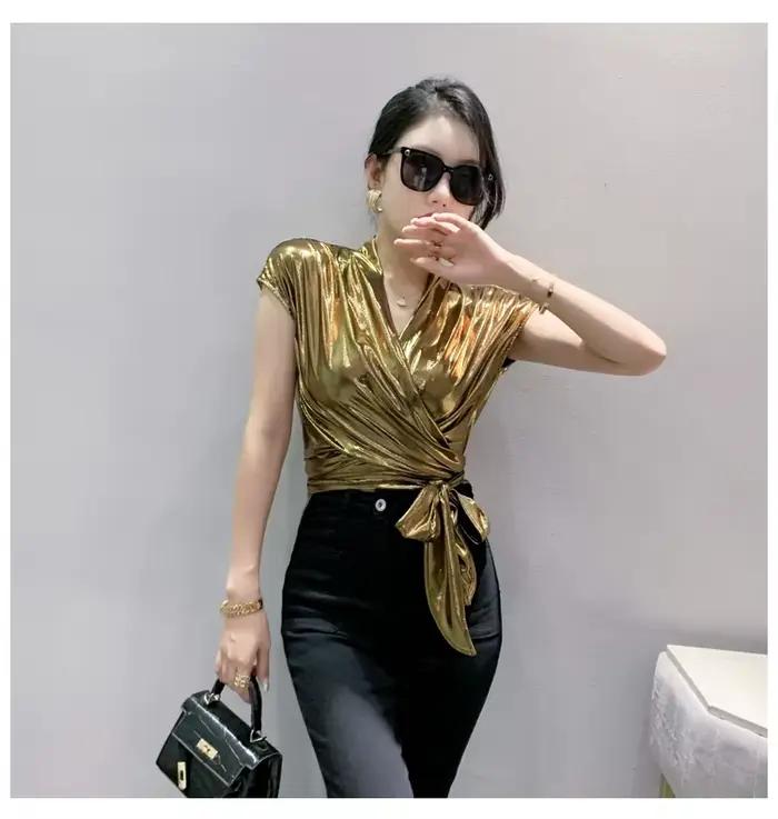 T-shirt d'été à col en V croisé pour filles, tissu réfléchissant, manches courtes, ourlet lacé, à la