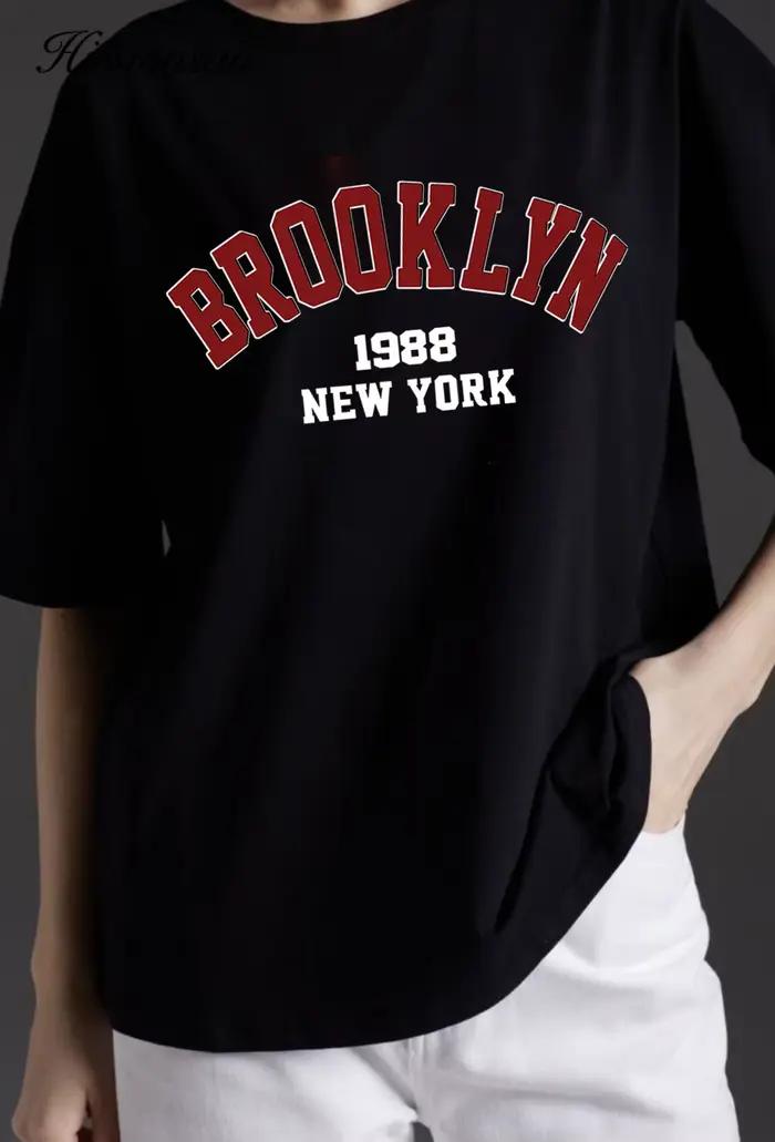 Hirsionsan-T-shirt imprimé lettre pour femme, 100% coton, style américain, t-shirts basiques, haut d