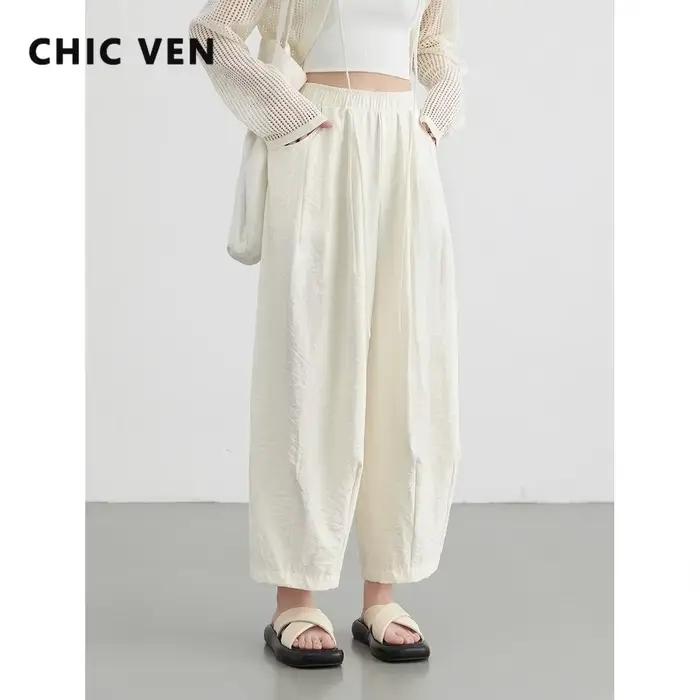 CHIC VEN femmes blanc pantalon solide décontracté taille élastique taille haute plissé jambe large f