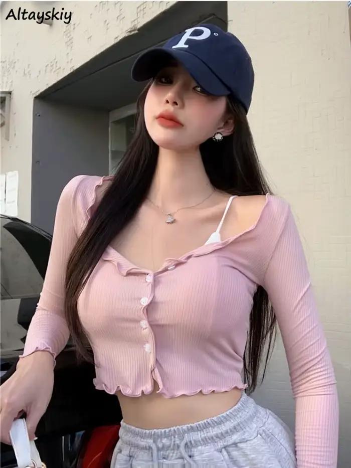 Manches longues T-shirts femmes récolte maigre résistant au soleil col en v rétro doux Sexy jeune St