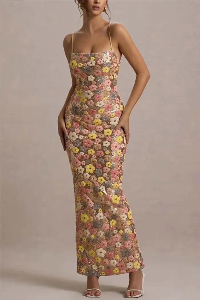 Summ femmes fleurs paillettes Patchwork mince fête longue robe sans bretelles mode Maxi robe, Sexy s