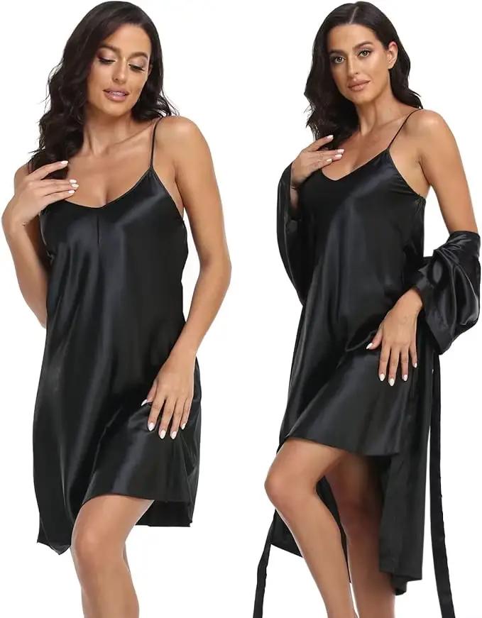 Ensemble pyjama de luxe en soie pour femmes, Robe à manches longues, jupe ample et confortable, ense