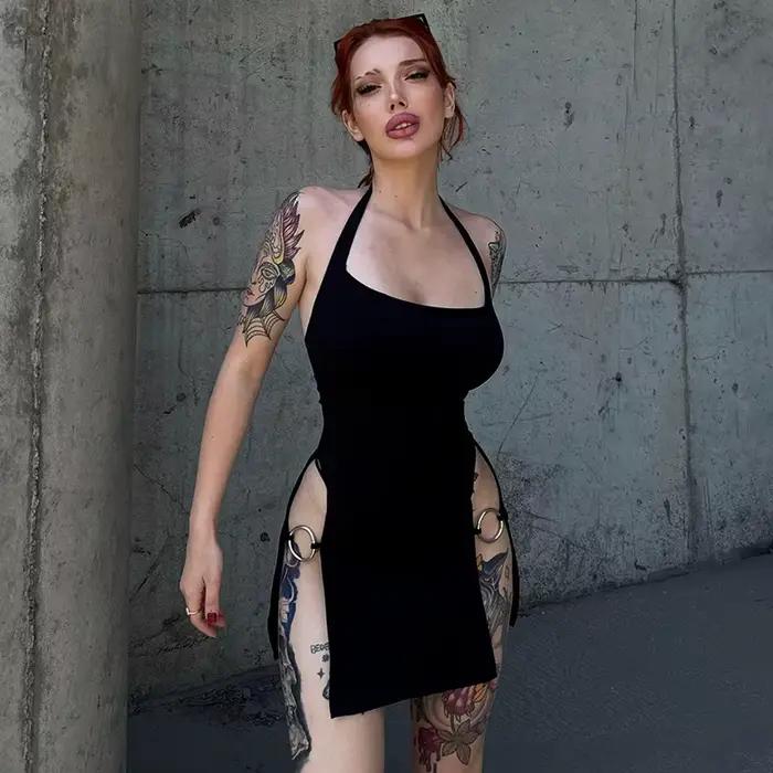 Robe Sexy pour femmes, élégante, sans manches, boucle d'anneau, fente haute, découpe, robes de boîte
