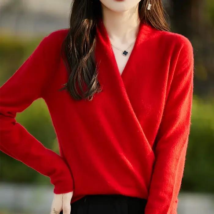 Hiver 100% Pure laine tricoté femmes pull col en v pull Standard cachemire tricots nouvelle mode Sex