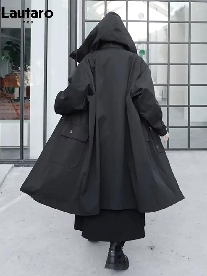 Lautaro-Manteau Long Respirant Noir avec Capuche pour Femme, Vêtements de Créateur de Luxe, Dark Aca