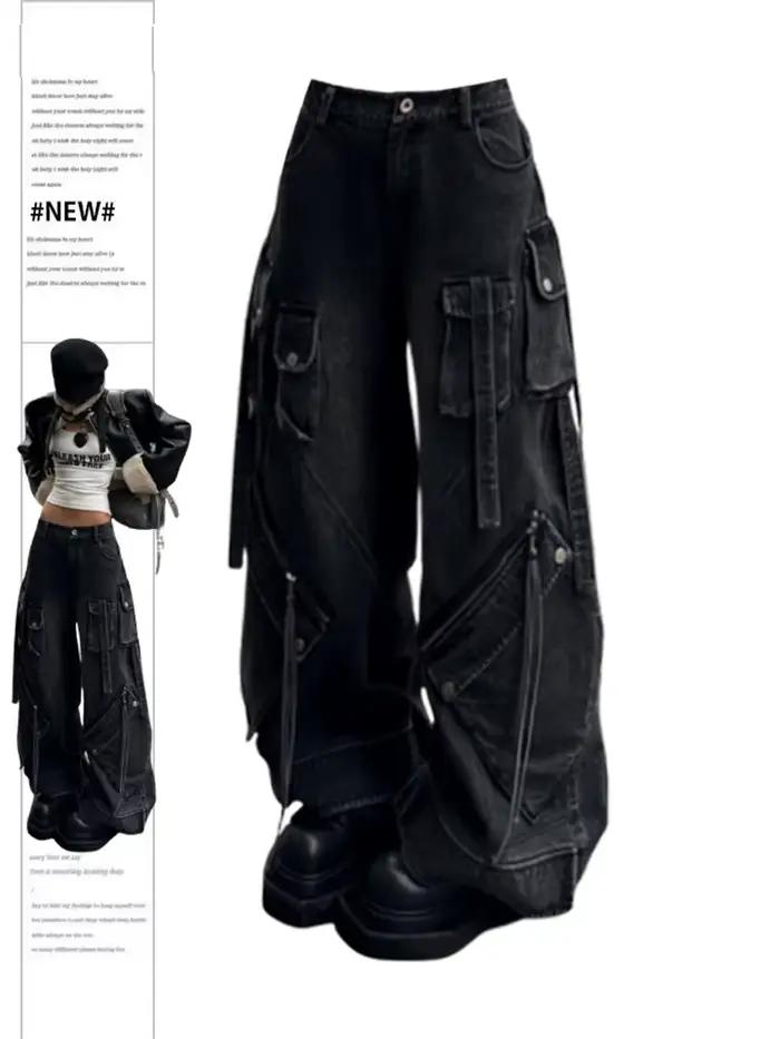 Jean Cargo Baggy gothique noir pour femmes, pantalon en Denim surdimensionné Harajuku Y2k années 90 