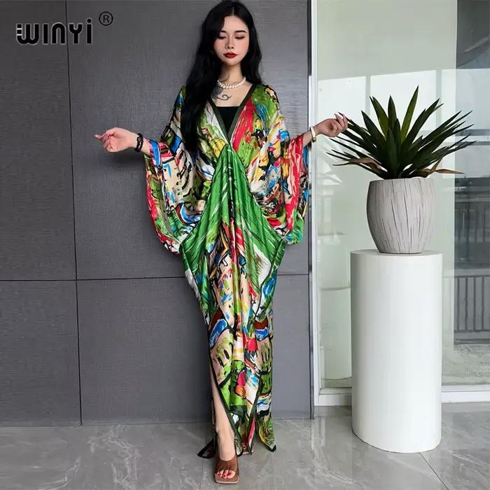 WINYI-Robe longue à col en V pour femme, robe de plage sexy, sensation de soie, mode bohème, robe de