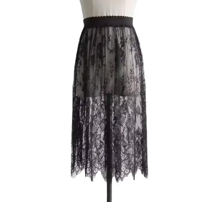 Été femmes maille dentelle Transparent longue Tulle jupe mode coréenne Sexy dames élastique taille h