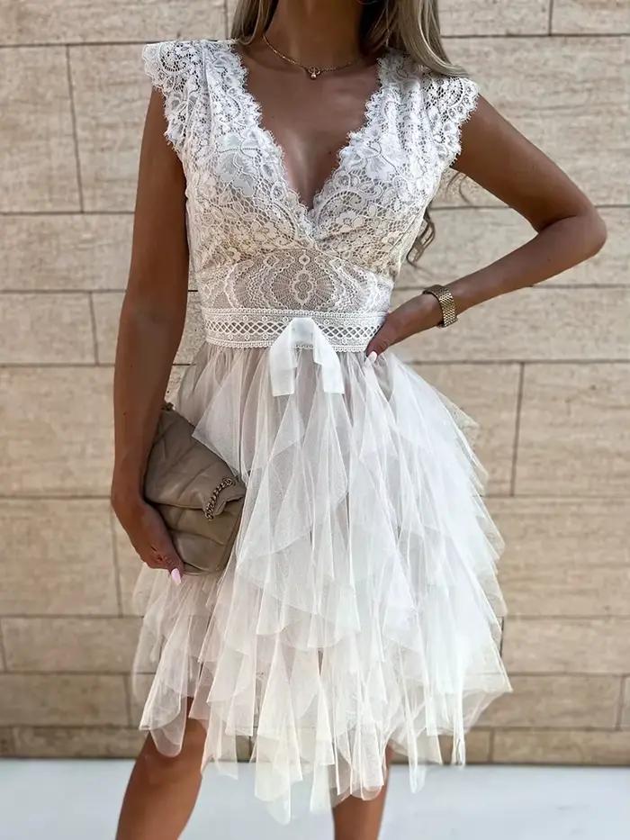 Dentelle col en V femmes taille haute robe unie été dame Patchwork maille robe asymétrique sans manc