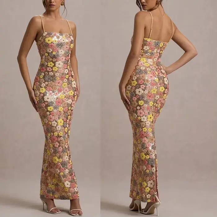 Summ femmes fleurs paillettes Patchwork mince fête longue robe sans bretelles mode Maxi robe, Sexy s