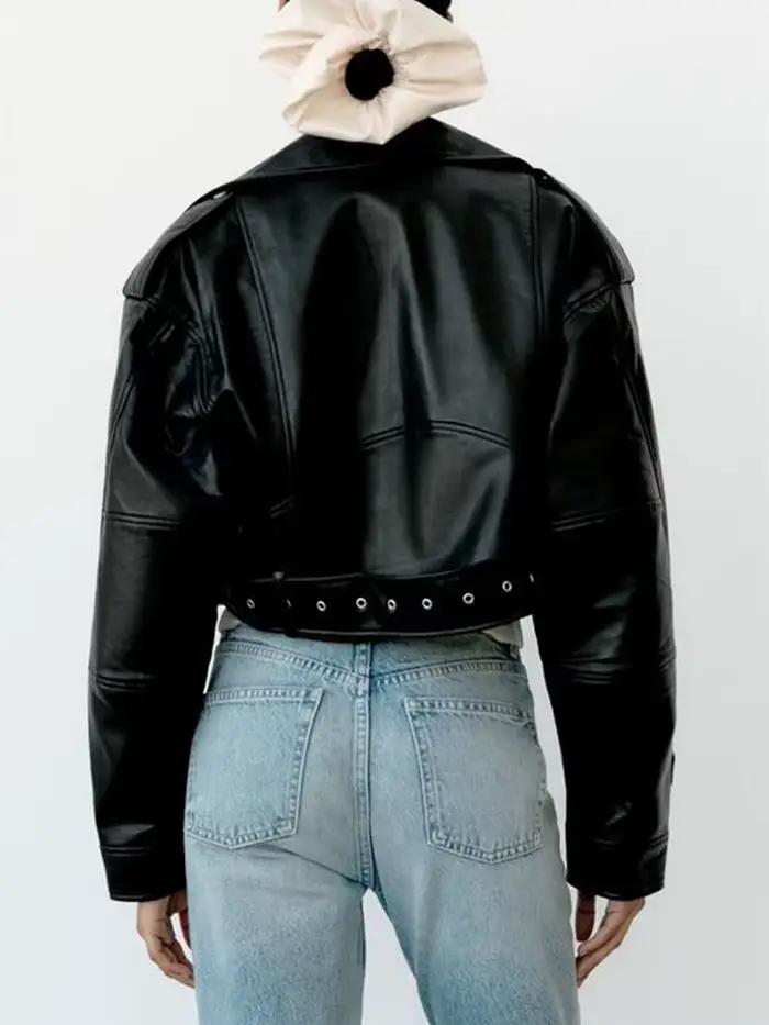 Ailegogo printemps automne femmes Faux cuir Pu veste courte avec ceinture moto motard femme fermetur