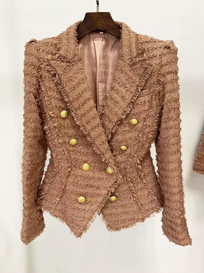 HIGH STREET Nouveauté 2026 A/W Blazer en tweed pour femme, style designer, classique, avec boutons l