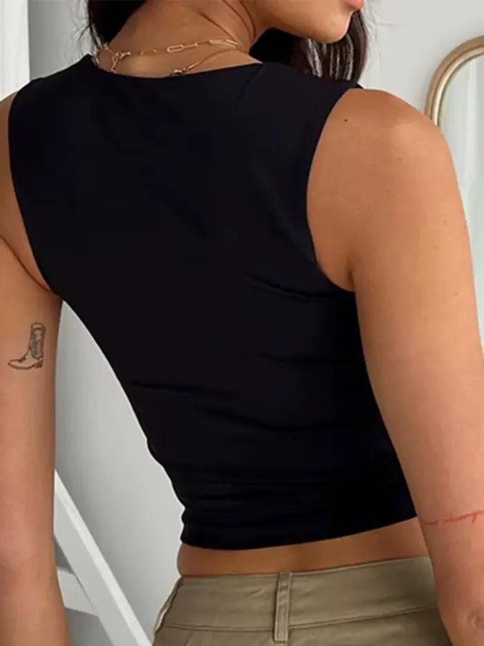 Haut court à col en fibre pour femme, T-shirt noir, Précieux, Y2K, Été, Sexy, 2024