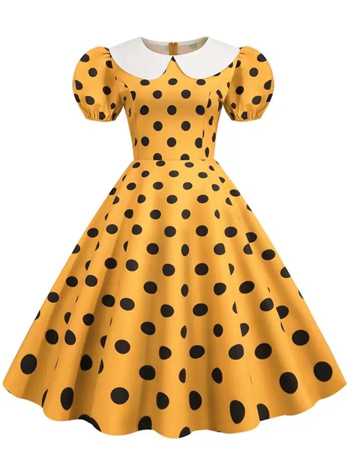 Robe d'été élégante pour femme, manches courtes bouffantes, à pois, col Peter Pan, style vintage, co