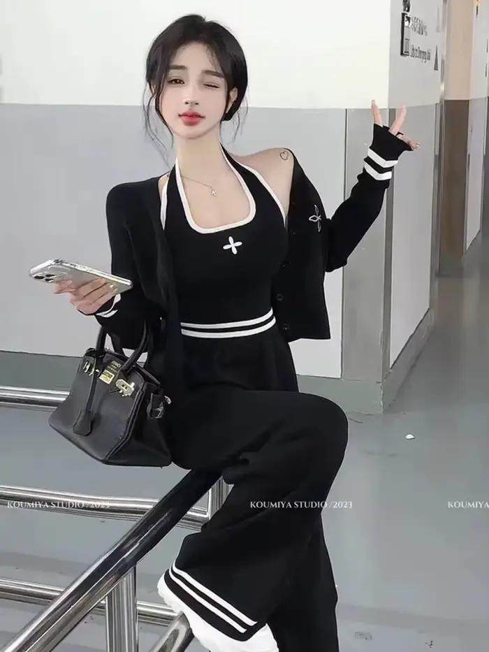 Streetwear tricoté ensemble 3 pièces pour femmes, Cardigan à manches longues manteau + Camisole + pa
