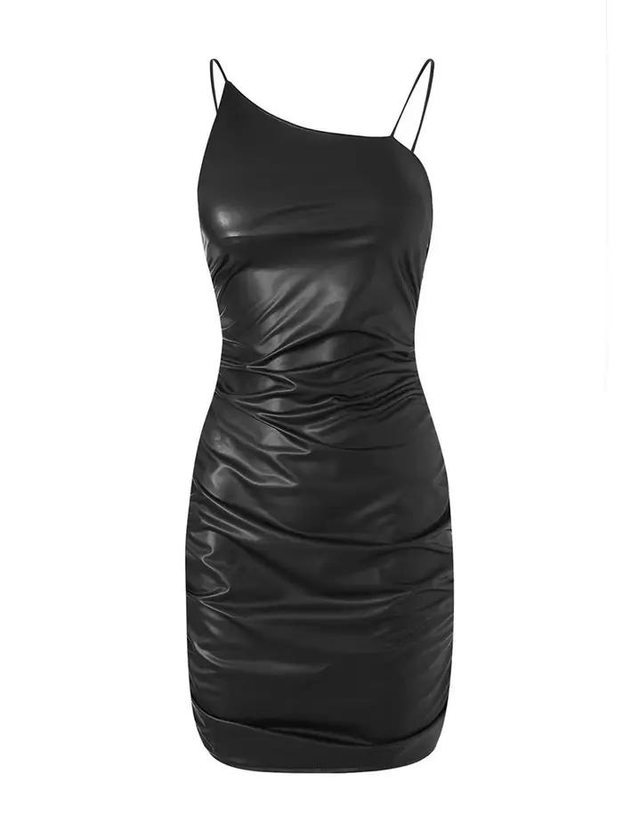 Mini robe en similicuir pour femme, bretelles spaghetti, club, fête d'anniversaire, streetwear dos n