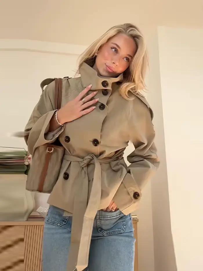 Trench court à taille ceinturée pour femme, manteaux à col montant et Double boutonnage, Chic, décon