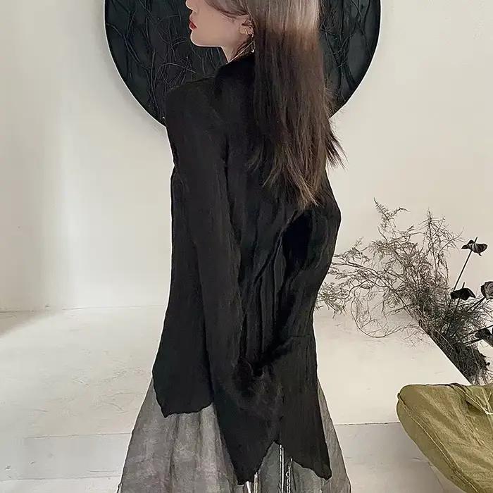 Chemises gothiques noires pour femmes, coréen, académique foncé, conçu, hauts irréguliers, mode prin