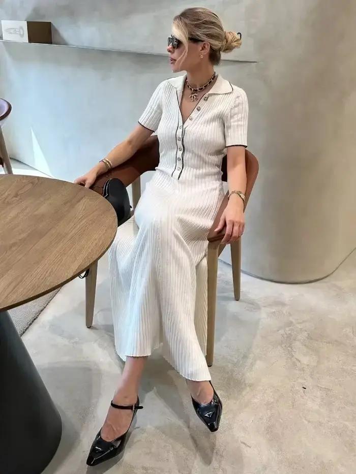 Tossy blanc tricot mode robe Maxi pour les femmes à manches courtes Patchwork robe de soirée élégant
