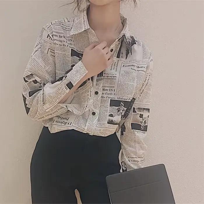 Gidyq-Chemises en mousseline de soie pour femmes, streetwear décontracté coréen, imprimé journal, mo