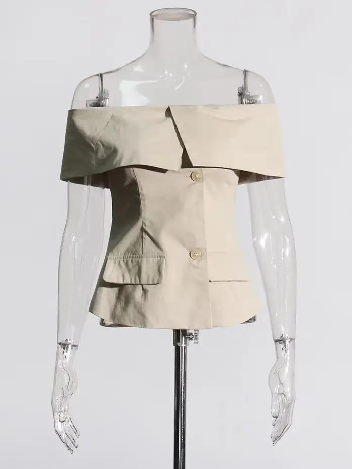 TWOTWurea YLE-Veste à Simple Boutonnage pour Femme, Patchwork Solide, Col Slash, Manches Courtes, Ma