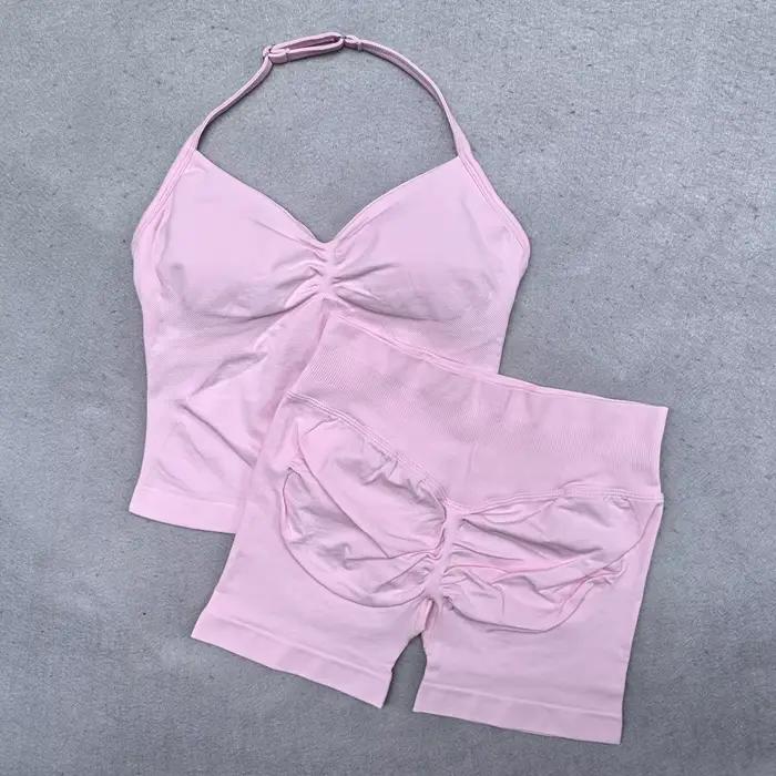 Ensemble de Yoga sans couture pour femmes, 2 pièces, débardeur rembourré, col licou, froissé, levage
