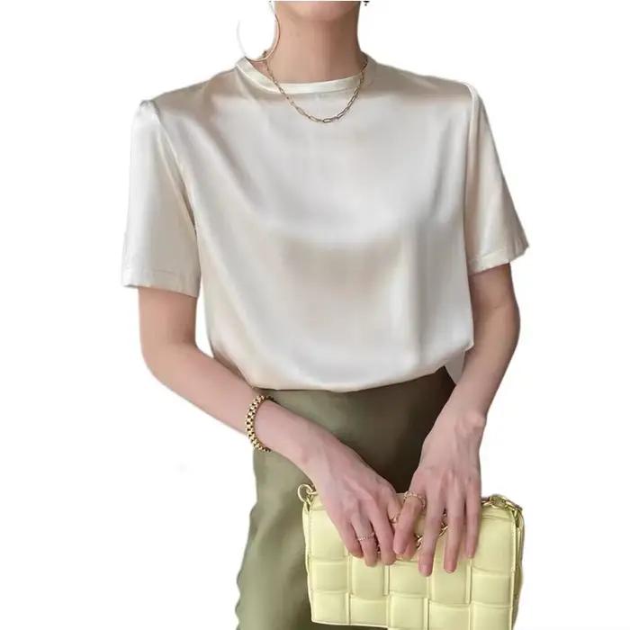 Soie Satin manches courtes t-shirts Style coréen Slip femme vêtements d'été élégant noir marron haut