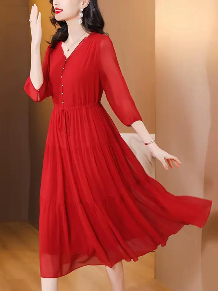 Robe mi-longue en soie rouge, Vintage, ample, élégante, moulante, robe de soirée, à bandes, décontra