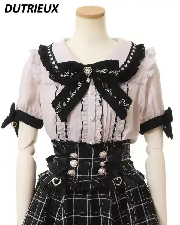 Rojita Style dentelle col Lolita chemise mode femmes hauts été mignon doux nœud épaule coupe ajustée