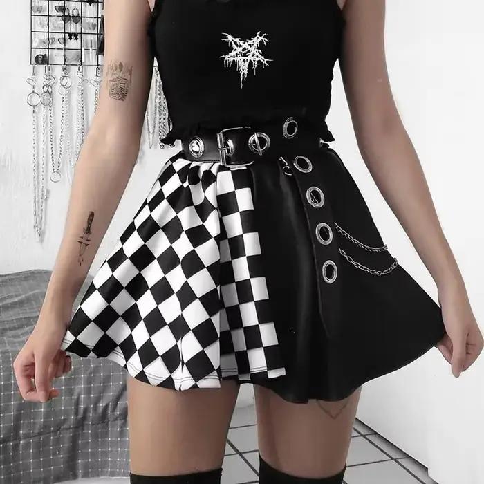 Jupe gothique sexy taille haute pour fille noire, jupe Harajuku Y2k, abonnés à la couture à carreaux