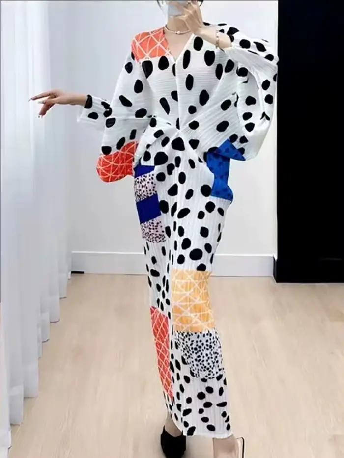 Robe plissée à manches chauve-souris à col en V pour femmes, robes mi-longues à boutonnage simple, v