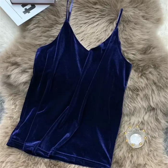 Blusa mujer moda mode sexy femmes velours débardeur haut court été coréen streetwear or velours cami