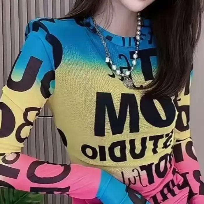 T-shirt slim en maille contrastante pour femme, style coréen décontracté, imprimé lettres, mode auto