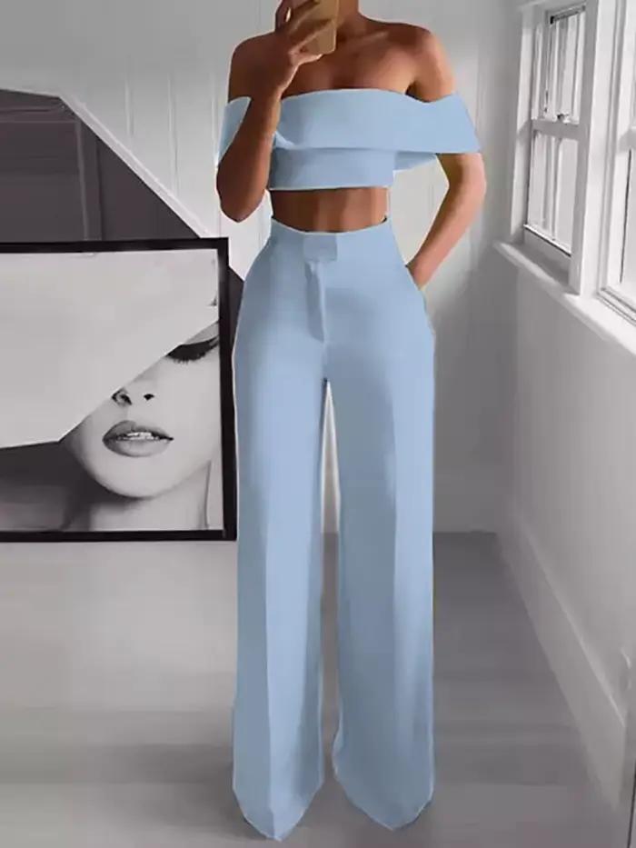 2025 été solide décontracté deux pièces ensemble femmes Sexy haut court jambe large pantalon tenues 