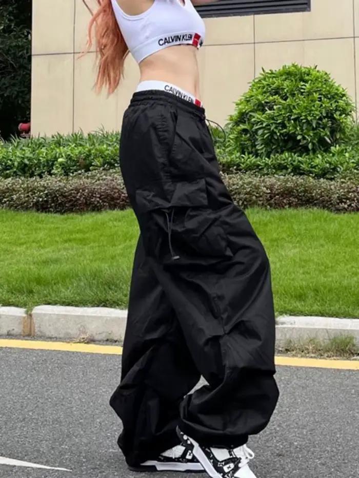 Y2K Parachute noir pantalon femmes Hippie Streetwear poches surdimensionnées Cargo pantalon Harajuku