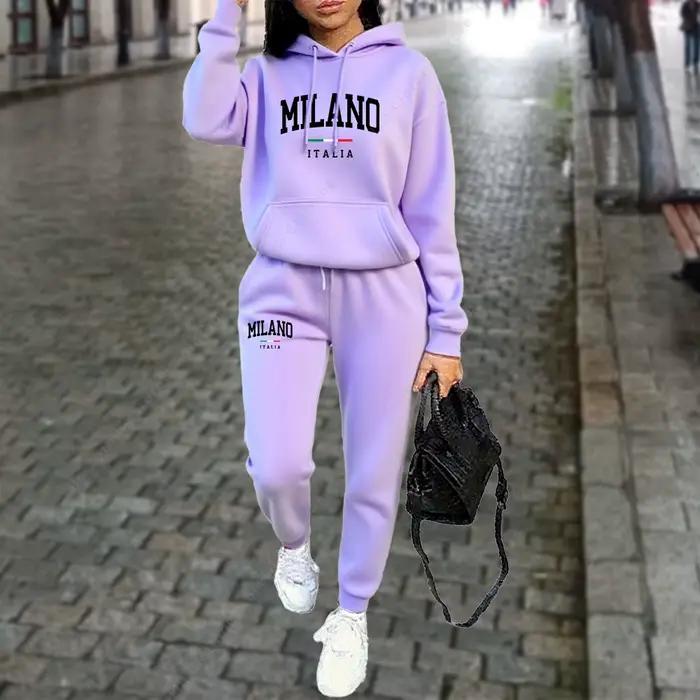 Ensemble 2 pièces pour femmes, sweat à capuche et pantalon, tenue de sport, lettre MILANO imprimée, 