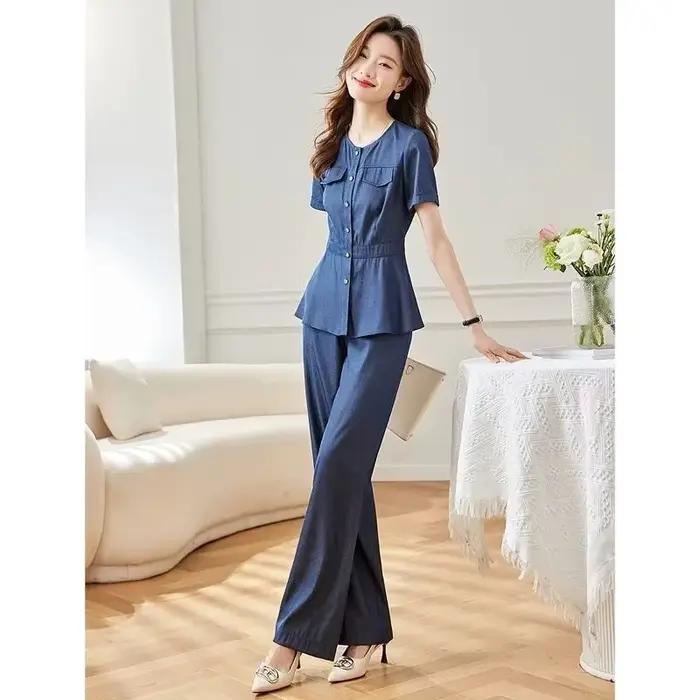 Ensemble en Jean à Manches Courtes pour Femme, Chemise en Denim et Pantalon Droit, Cardigan à la Mod