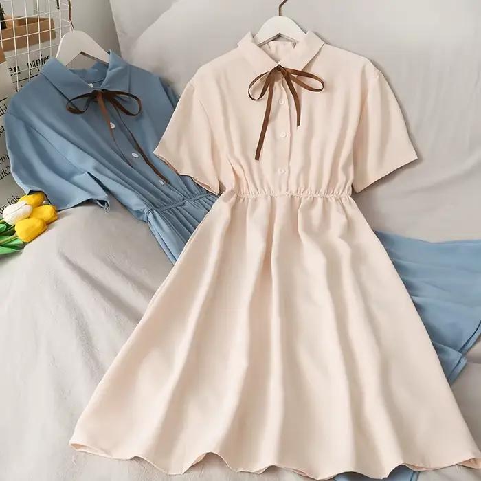 Robe en mousseline de soie avec nœud pour femme, monochromatique, taille haute, col rabattu, style p