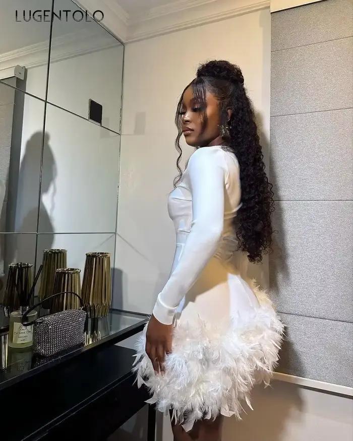Robe Sexy à Plumes pour Femme, Tenue de Soirée, Col en V Profond, Slim, Manches sulf, Hotsweet, Enve