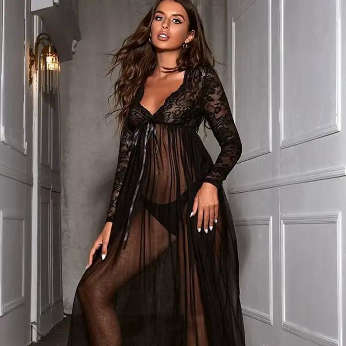 Vêtements de nuit sexy robes longues hauts de nuit Lingerie Femme nuisette femme voir à travers la d