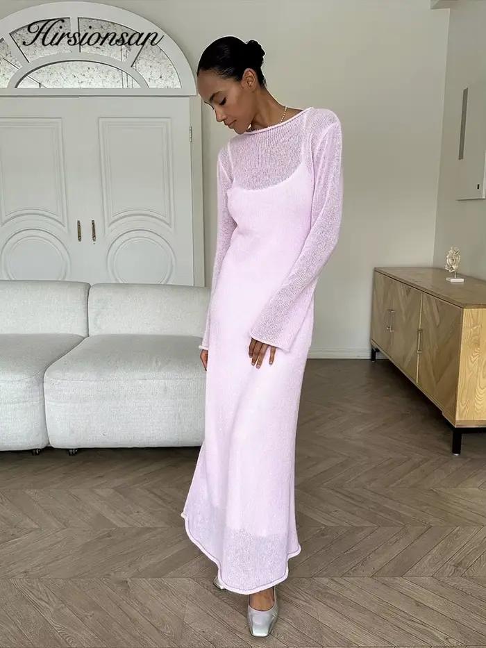 Hirsionsan – robe longue en tricot élastique pour Femme, col rond, élégante, Chic, douce, ajourée, p