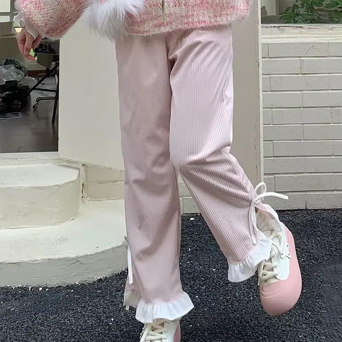 Pantalon en velours côtelé à nœud rose pour femme, style Sweet Lolita, volants Kawaii, bandage latér