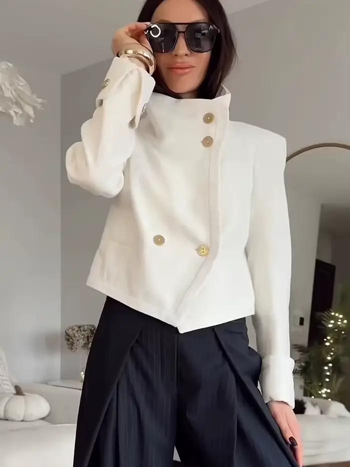 TFMLN – veste élégante pour femmes, couleur unie, manches longues, col montant, boutonnée, courtes, 