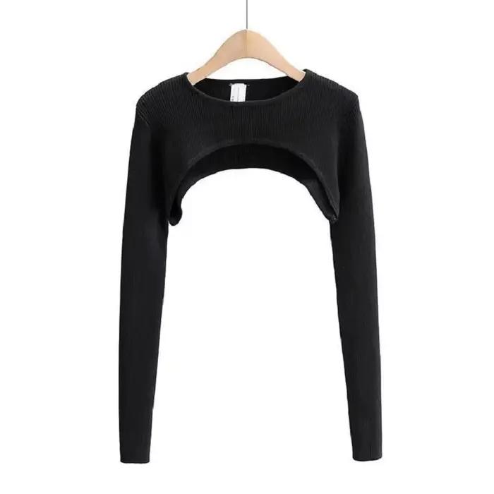 T-shirt tricoté à manches longues pour femmes, vêtements esthétiques Y2k, col rond, noir et blanc, S