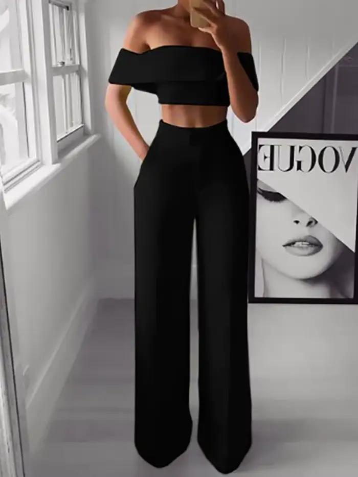 2025 été solide décontracté deux pièces ensemble femmes Sexy haut court jambe large pantalon tenues 