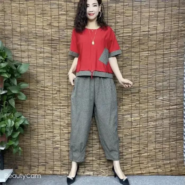 T-shirt et pantalon à carreaux en coton et lin pour femmes, manches courtes, imbibés, gros MM, ensem