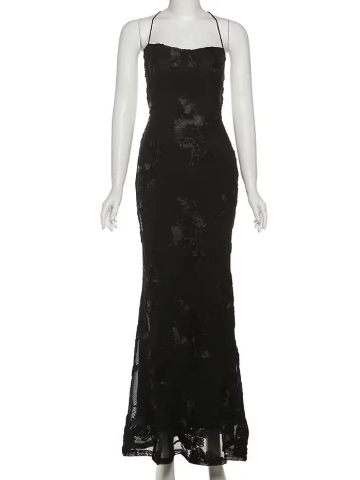 Nibber Élégant Fleur Broderie Maxi Robe Femmes Col Bas Croix Bandage Dos Nu D'été Rue Tendance Skinn