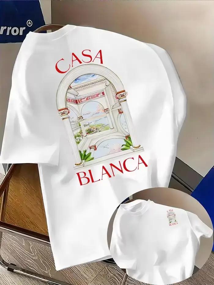 T-shirt graphique architectural esthétique Casablanca, T-shirt décontracté à col rond et manches cou