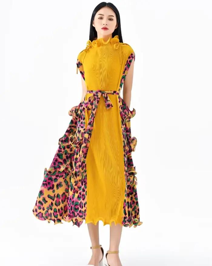 Ata Yake-Robe longue plissée à imprimé léopard pour femme, motif tendance, ceinture en fibre, décont